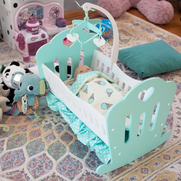 Кроватка Lilu для куклы до 50 см (Baby Born, Annabell) бирюзовая с мобилем