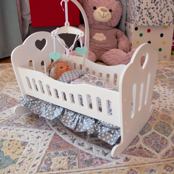 Кроватка Lilu для куклы до 50 см (Baby Born, Annabell) белая с мобилем