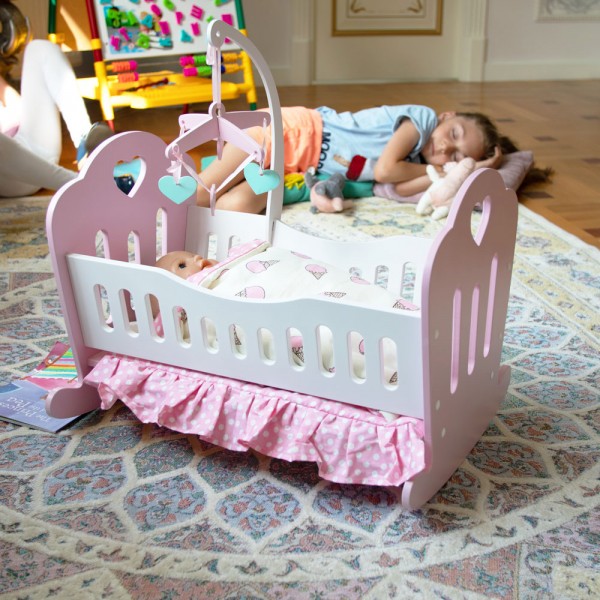 Кроватка Lilu для куклы до 50 см (Baby Born, Annabell) розовая с мобилем